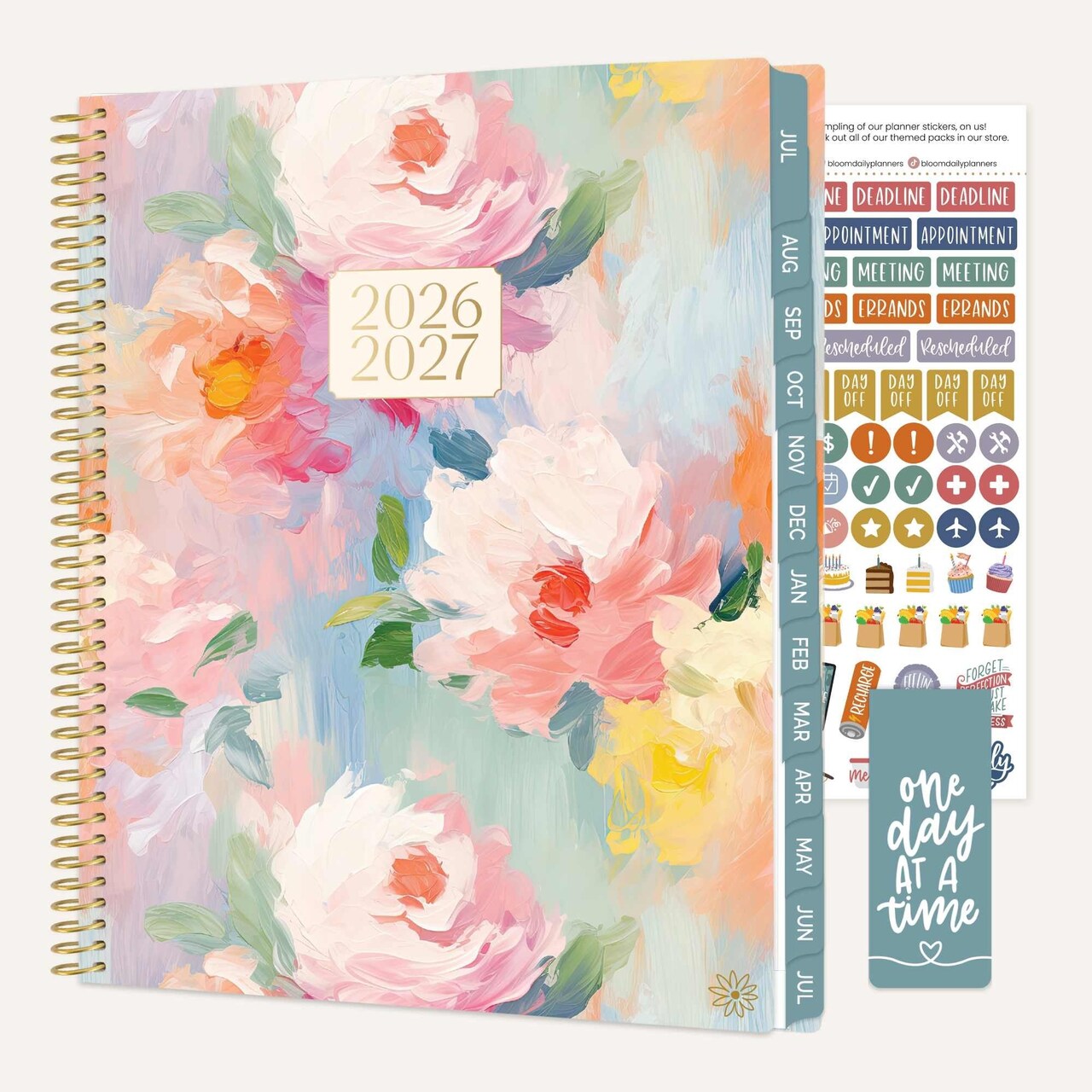 bloom daily planners 2026-2027 Academic Planner, 13 Month Soft Cover Monthly & Weekly, 8.5" x 11", Stickers Included, Painted Peonies